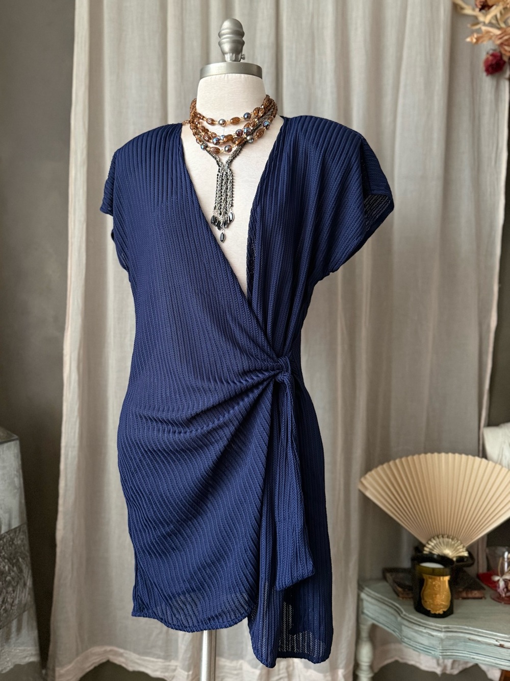 True vintage 90s Navy twist front Wrap Dress Side Knot beach coverup deep v neck